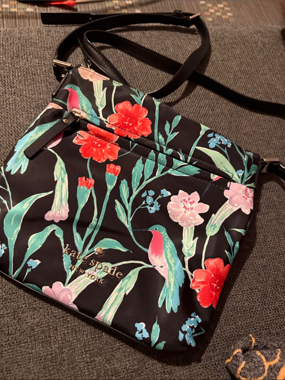 kate spade Black Floral & Bird Crossbody with Teal Accents
